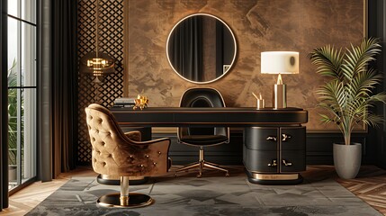 An art deco office space with a sleek black desk, velvet chair, geometric wallpaper, gold accents, elegant lighting, and a luxurious, sophisticated atmosphere, hd quality, natural look.