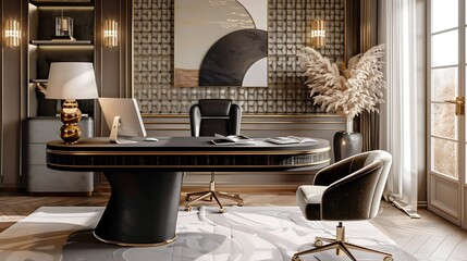 An art deco office space with a sleek black desk, velvet chair, geometric wallpaper, gold accents, elegant lighting, and a luxurious, sophisticated atmosphere, hd quality, natural look.