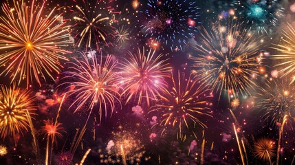 Naklejka premium Explosions of vibrant fireworks light up the velvety night sky creating a mesmerizing display of color and light The cascading sparks paint a dazzling spectacle in every direction