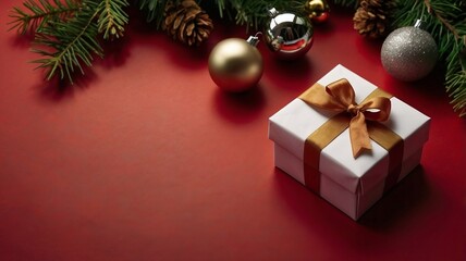 christmas red background, with decorations, gift box with ribbon. free copyspace. generative ai
