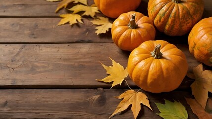orange pumpkin with autumn leaves on wooden table, autumn background. free copyspace. generative ai