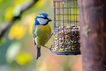 Fototapeta premium A colorful Eurasian blue tit feeding on sunflower seeds from a bird feeder in a garden