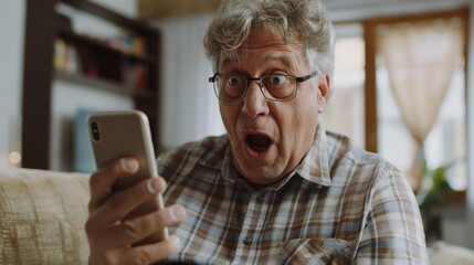 Unhappy stunned old Caucasian man look at smartphone screen shocked by bad unexpected news online. Upset amazed mature male use cellphone surprised frustrated by message