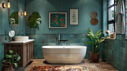 An eclectic bathroom with a bold color palette, mix of vintage and modern fixtures, diverse wall art, patterned tiles, and unique lighting, creating a lively and stylish space, hd quality,