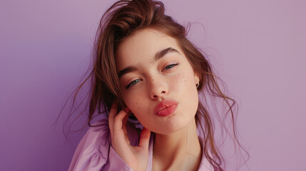 Charming girl winking for a selfie, wearing a single shirt, purple backdrop