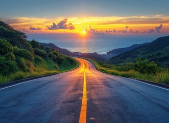 Fototapeta premium Sunset Road on a Mountain with Ocean View