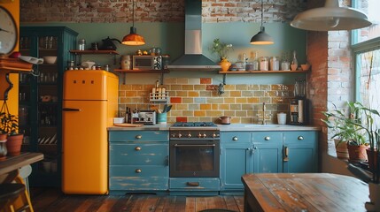 An eclectic kitchen with colorful cabinets, open shelving with diverse decor, mix of vintage and modern appliances, bold backsplash, and unique lighting fixtures,