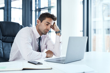 Obraz premium Fatigue, laptop and sleeping with employee man at desk in office for break, dreaming or rest. Burnout, computer and tired with exhausted business person in workplace for administration deadline