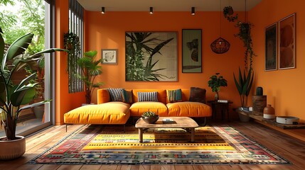 An eclectic living room with a mix of vintage and modern furniture, bold color palette, layered rugs, diverse art pieces, plants, and an overall vibrant and dynamic atmosphere, hd quality,