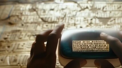 A person holds a modern electronic device above an ancient, gold-colored tablet bearing hieroglyphs. The setting appears historical and scientific, highlighting the intersection of technology and