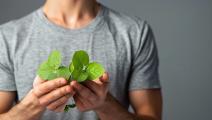  Close up of a person holding green heart shaped leaves in his hand