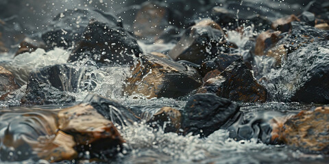 Fototapeta premium Unstoppable Force: A flowing river, with rocks and debris being washed away, leaving a clear path forward