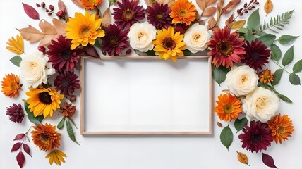 Fresh flowers arranged in a frame on a white background, representing autumn or fall season. Displayed in a flat lay style with a top view and space for adding text.