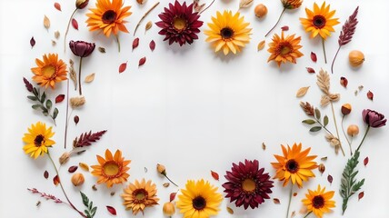 Fototapeta premium Fresh flowers arranged in a frame on a white background, representing autumn or fall season. Displayed in a flat lay style with a top view and space for adding text.