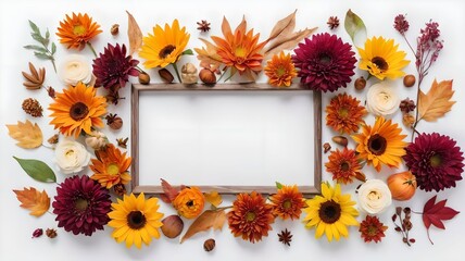 Fresh flowers arranged in a frame on a white background, representing autumn or fall season. Displayed in a flat lay style with a top view and space for adding text.