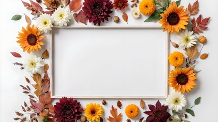 Fresh flowers arranged in a frame on a white background, representing autumn or fall season. Displayed in a flat lay style with a top view and space for adding text.