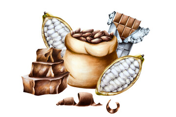 Stack pieces of chocolate, open cocoa pod, fruit. Beans in a canvas bag. Hand drawn realistic organic superfood watercolor illustration isolated on background. For designers, packaging desig