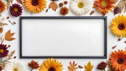 Fresh flowers arranged in a frame on a white background, representing autumn or fall season. Displayed in a flat lay style with a top view and space for adding text.
