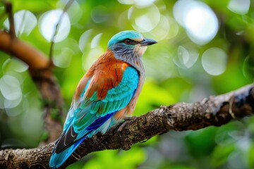 Obraz premium A colorful male European roller perched on a tree branch, showing off its vibrant blue and green plumage.