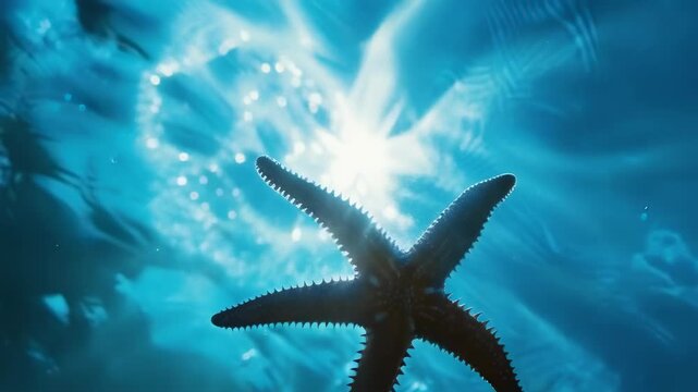 A striking silhouette of a starfish is seen against the vibrant blue waters of the ocean, with sunlight filtering through the surface. The image captures the serene underwater environment during the