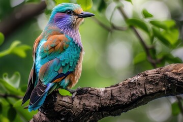 Obraz premium A colorful male European roller perched on a tree branch, showing off its vibrant blue and green plumage.