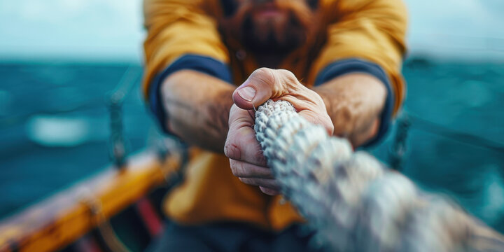 Close-up of a man's hand pulling a rope on a boat, with a blurred background of the sea.