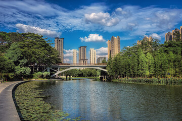 Obraz premium Foshan city, Guangdong province, China. Modern architecture and cityscape around Lake of a thousand lights (Qiandeng Lake).