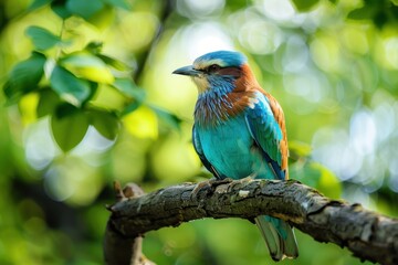 Obraz premium A colorful male European roller perched on a tree branch, showing off its vibrant blue and green plumage.