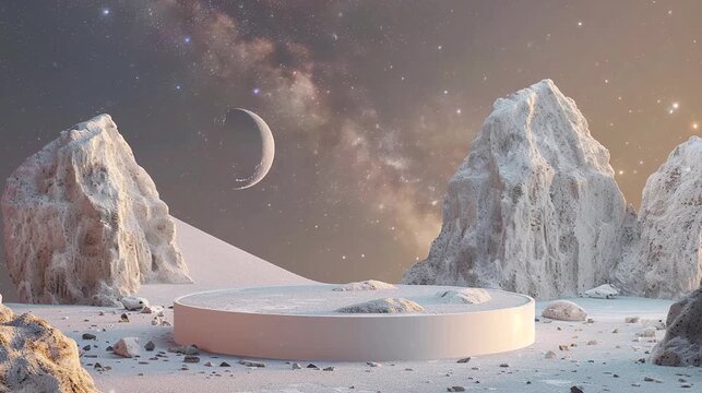 White podium with beautiful space background and there are stars, moon, and asteroid. 3d render for product placement, presentation, advertisement. 