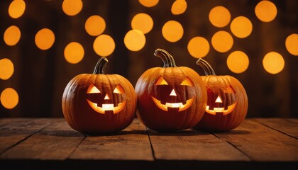 Fototapeta premium Four smiling jack-o'-lanterns with candles inside are arranged on a table, with a backdrop of hanging orange lights, evoking the spirit of Halloween