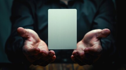 Magician performing sleight of hand with a blank card extracted from a deck Perfect for integrating into your logo or content large sized XXXL cards displayed on stage