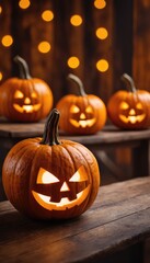 Obraz premium A lineup of four illuminated jack-o'-lanterns on a wooden surface, accompanied by a string of warm orange lights in the background, celebrating Halloween