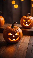 Obraz premium Four carved jack-o'-lanterns with glowing faces sit on a wooden table, with festive orange lights hanging in the background, creating a cozy Halloween atmosphere