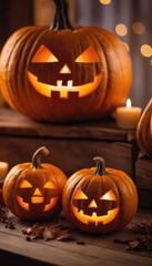 A lineup of four illuminated jack-o'-lanterns on a wooden surface, accompanied by a string of warm orange lights in the background, celebrating Halloween