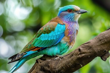 Obraz premium A colorful male European roller perched on a tree branch, showing off its vibrant blue and green plumage.