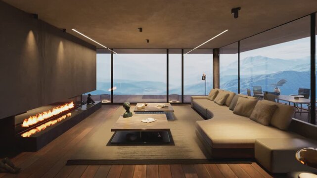 3D illustration of an elegant chalet interior with snowy mountain view. Cozy living room with fireplace and decor furniture. Zoom-in shot.