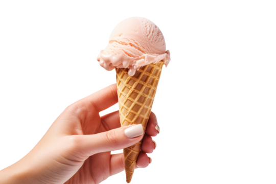 A hand with manicured nails holds a waffle cone overflowing with pink ice cream, melting against a white background in a soft, oblique angle