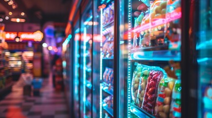 Obraz premium Colorful neon-lit refrigerated shelves in a store