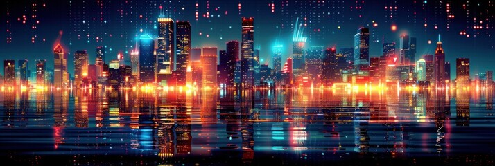 A colorful cityscape with glowing lights reflecting on the water