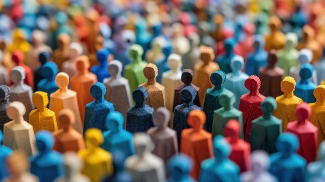 A close-up view of a large group of colorful wooden figurines