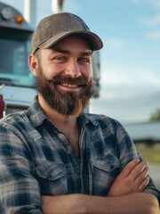 A man with a beard stands next to a truck, possibly waiting for someone or something
