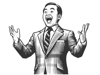 excited businessman in suit, with arms raised in enthusiasm sketch engraving generative ai fictional character vector illustration. Scratch board imitation. Black and white image.