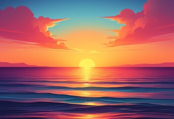 Retro soft sunset by the sea and mountains. 80's, retrowave style. Summer travel, vacation, honeymoon, paradise. Copy space. Design for poster, flyer, banner.