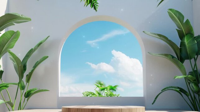 Podium with wooden base and green plants white wall background. Video footage for product presentation, advertisement, display skincare or cosmetic product.