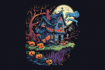 Obraz premium halloween house, tree, moon gust., illustration