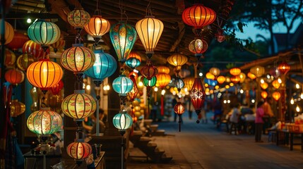 Bustling night market with colorful lanterns, cultural travel, exotic experience
