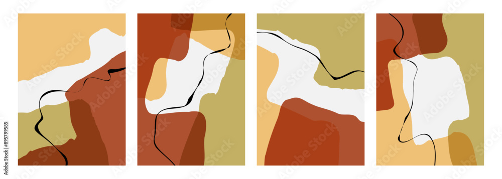 Poster autumn colors. abstract backgrounds with various curved bright colored shapes and black bent lines f