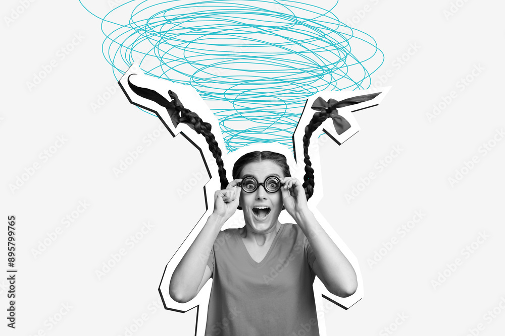 Wall mural Collage picture of crazy cheerful happy woman wear glasses have fun good mood solated on drawing background