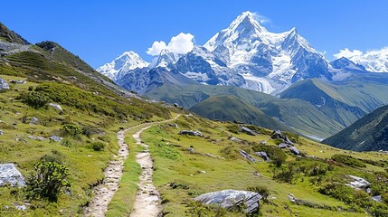 Snow-capped mountain range with a trekking path, adventure travel, challenging trek