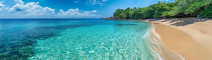 Fototapeta premium Sun-drenched beach with crystal clear water, tropical travel, paradise getaway